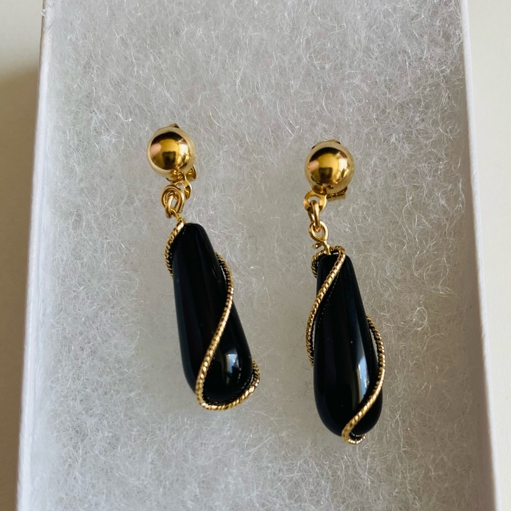 14K Yellow Gold 1” Onyx Dangle Gold Wire Twist Drop Earrings Vintage Unique - Picture 5 of 8